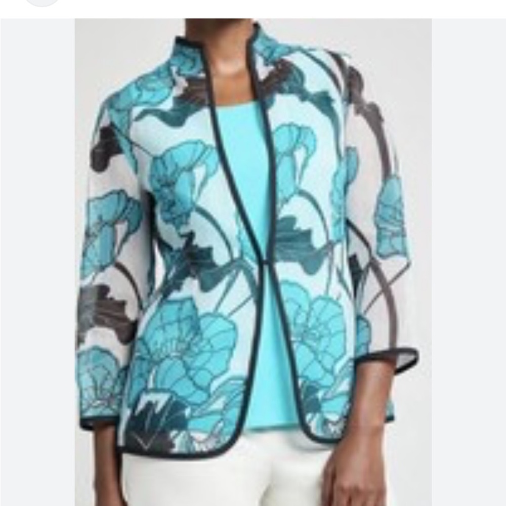 Ming Wang Teal White Black Floral Blazer Size 3X Tailored Fit Cardigan New